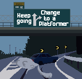 image of a car swerving to make an exit from the highway, the exit sign shows two options 'keep going' and 'Change to a platformer'